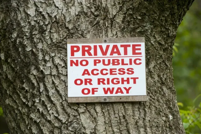 Framed Print : Private, No Public Access of Right of Way sign on tree trunk in woodland, Cumbria, England, May Framed Print : Private, No Public Access of Right of Way sign on tree trunk in woodland, Cumbria, England, May