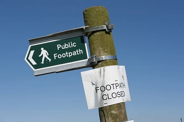Public Footpath and Footpath Closed signs, Winmarleigh, Lancashire, England, march