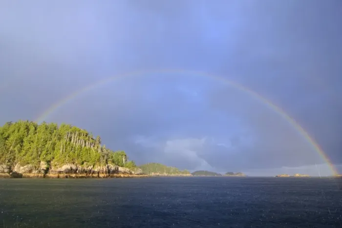 Framed Print : Rainbow over coastline and temperate coastal rainforest, Calvert Island, Hakai Pass, Coast Mountains Framed Print : Rainbow over coastline and temperate coastal rainforest, Calvert Island, Hakai Pass, Coast Mountains