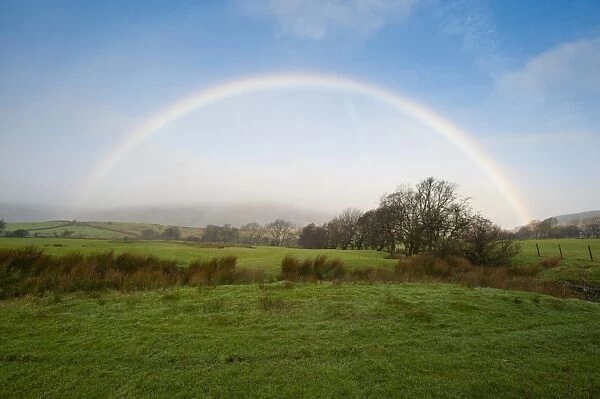 Rainbow over upland pasture, Whitewell, Lancashire, England, january