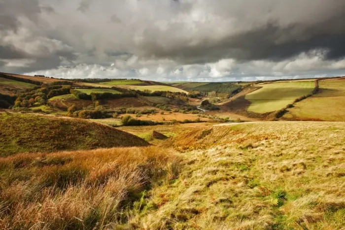 Framed Print : Rainclouds over hills, farmland and river, River Barle, Sherdon Hutchand, near Landacre, Exmoor N. P Framed Print : Rainclouds over hills, farmland and river, River Barle, Sherdon Hutchand, near Landacre, Exmoor N. P