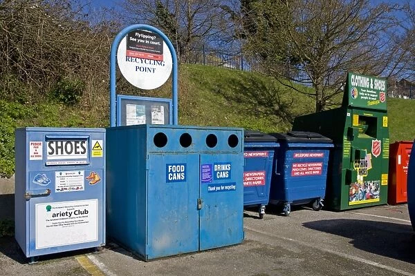 Recycling banks for shoes, cans, paper and clothing, Kent, England