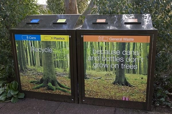 Recycling waste disposal bins, for cans, plastics and general waste, England, march