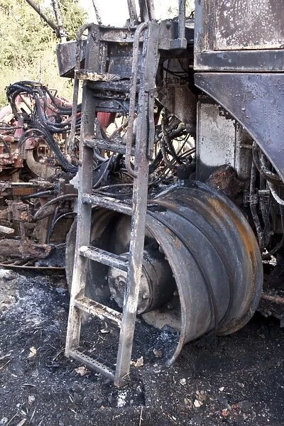 The remains of a burnt out sugar beat harvester