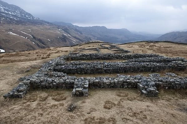 Remains of isolated Roman fort in upland, Hardknott Roman Fort (Mediobodgdum), Hardknott Pass, Eskdale Valley