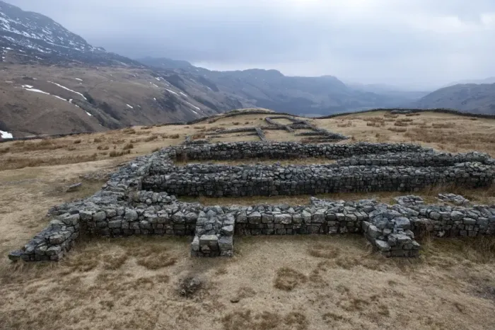 Framed Print : Remains of isolated Roman fort in upland, Hardknott Roman Fort (Mediobodgdum), Hardknott Pass, Eskdale Valley