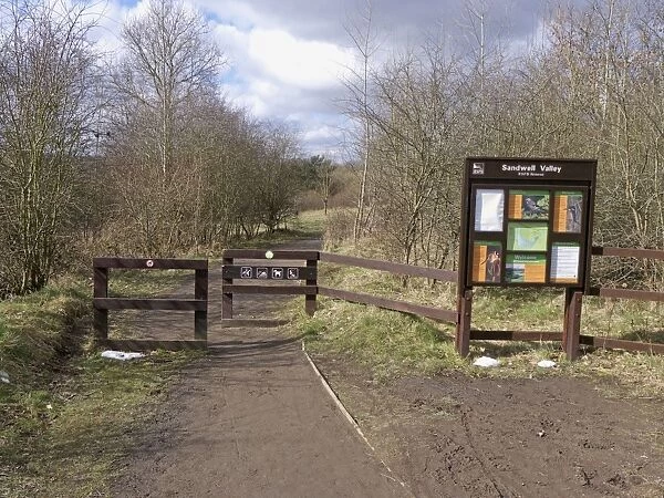 Reserve entrance sign and path, Sandwell Valley RSPB Reserve, West Midlands, England, April
