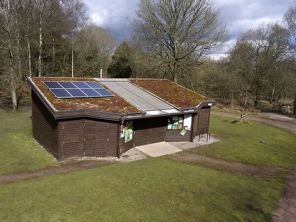Reserve visitor centre with solar panels on roof, Nagshead RSPB Reserve, Forest of Dean, Gloucestershire, England