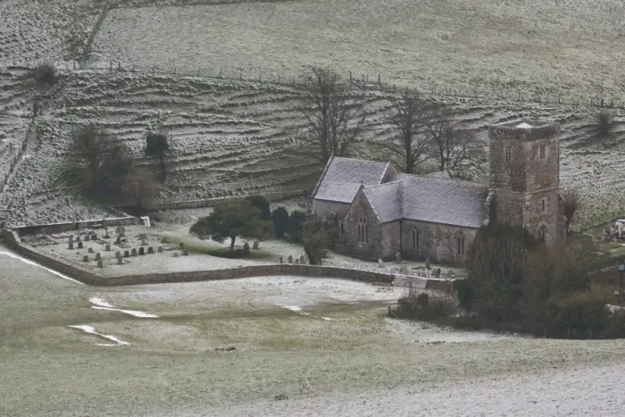 Framed Print : Rime frost, with rural church in valley, Dorset, England, december Framed Print : Rime frost, with rural church in valley, Dorset, England, december