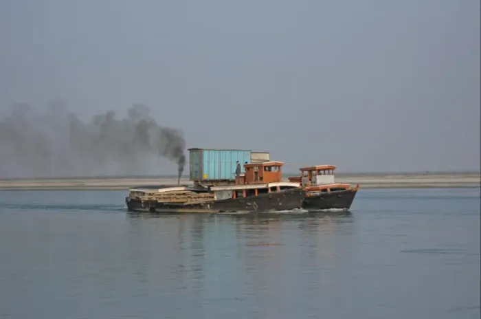 Framed Print : Two river ferries in tandem, carrying truck over river, Lohit River, Assam, India, january