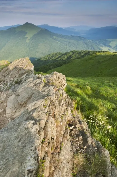 Framed Print : Rock formation and montane meadow habitat in evening sunlight, Bieszczady N. P Framed Print : Rock formation and montane meadow habitat in evening sunlight, Bieszczady N. P