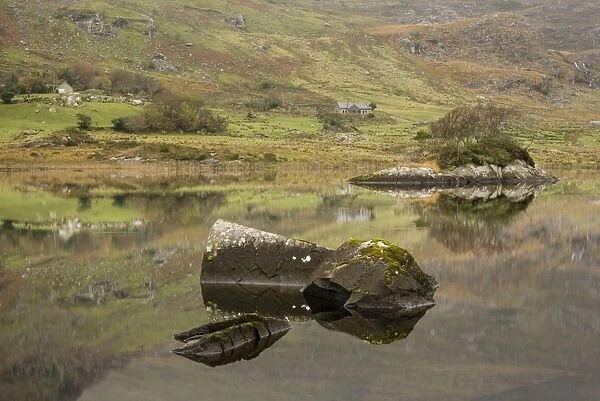 Rocks reflected in lake, Cummeenduff Lake, Black Valley, Macgillycuddys Reeks, Killarney, County Kerry, Munster