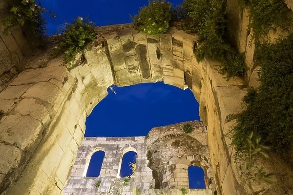 Roman archway at night, Silver Gate (Porta Argentea), Diocletians Palace, Split, Dalmatia, Croatia, July