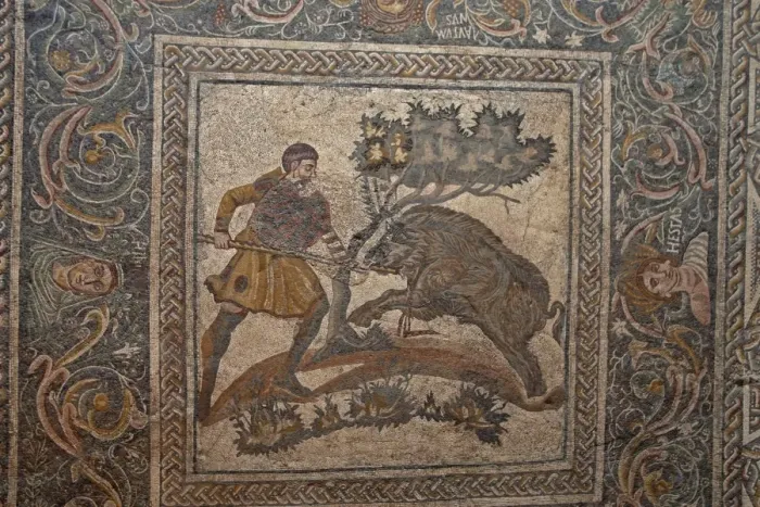 Framed Print : Roman mosaic from villa, hunting wild boar, National Museum of Roman Art, Merida, Extremadura, Spain Framed Print : Roman mosaic from villa, hunting wild boar, National Museum of Roman Art, Merida, Extremadura, Spain