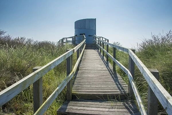 The Round and Round House birdwatching hide in coastal sand dunes, Anderby Creek, Lincolnshire, England, June