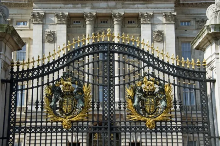 Framed Print : Royal coat of arms on palace gates, Buckingham Palace, City of Westminster, London, England, april Framed Print : Royal coat of arms on palace gates, Buckingham Palace, City of Westminster, London, England, april