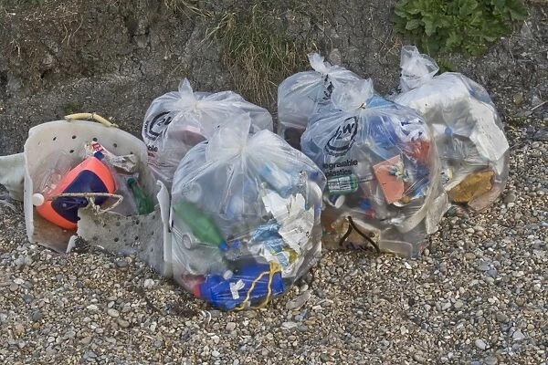Rubbish collected from waste disposal and recycling from beach, Dorset, England, April