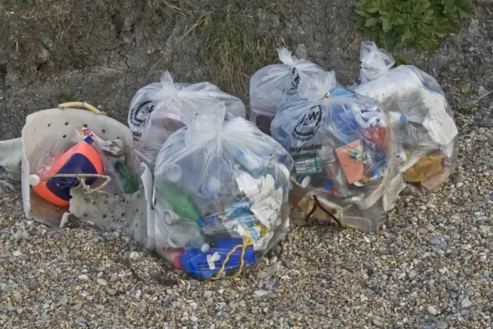 Framed Print : Rubbish collected from waste disposal and recycling from beach, Dorset, England, April Framed Print : Rubbish collected from waste disposal and recycling from beach, Dorset, England, April