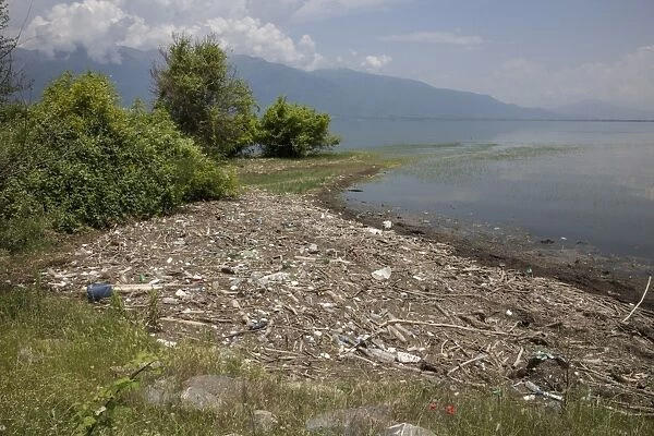 Rubbish washed up on the shore of Lake Kerkini Northern Greece