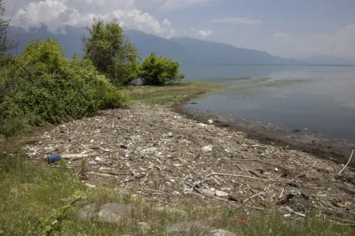 Framed Print : Rubbish washed up on the shore of Lake Kerkini Northern Greece Framed Print : Rubbish washed up on the shore of Lake Kerkini Northern Greece