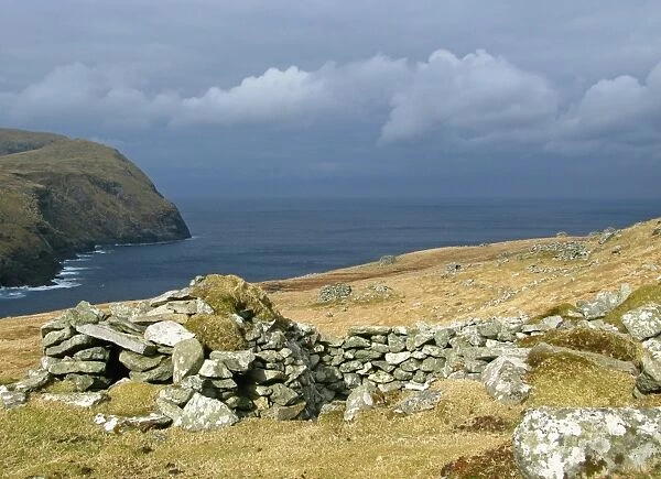 Ruin of old cleet for storing seabirds, St. Kilda, Outer Hebrides, Scotland, march