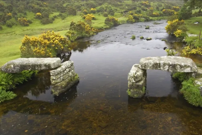 Framed Print : Ruined clapper bridge over river, East Dart River, Dartmoor N. P. Devon, England