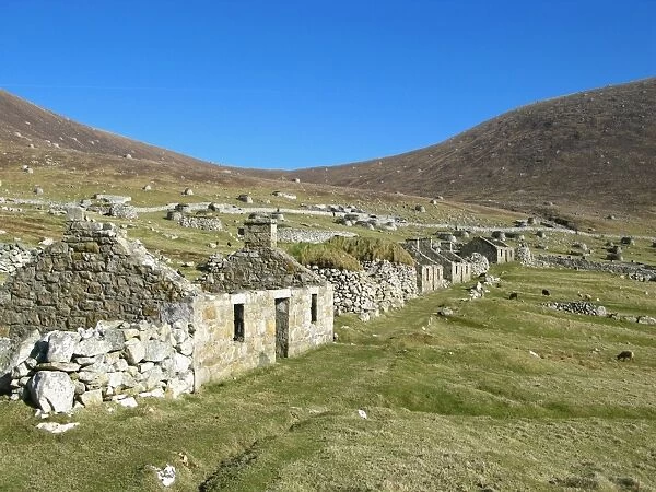 Ruins of houses in abandoned village, Village Bay, St. Kilda, Outer Hebrides, Scotland, march