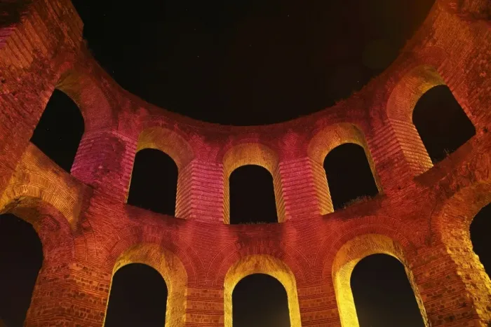 Framed Print : Ruins of Roman baths illuminated at night, Kaiserthermen (Imperial Baths), Trier, Rhineland-Palatinate, Germany, august