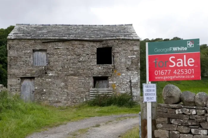 Framed Print : Rural farm barn with planning permission, with For Sale sign outside, North Yorkshire, England, august Framed Print : Rural farm barn with planning permission, with For Sale sign outside, North Yorkshire, England, august