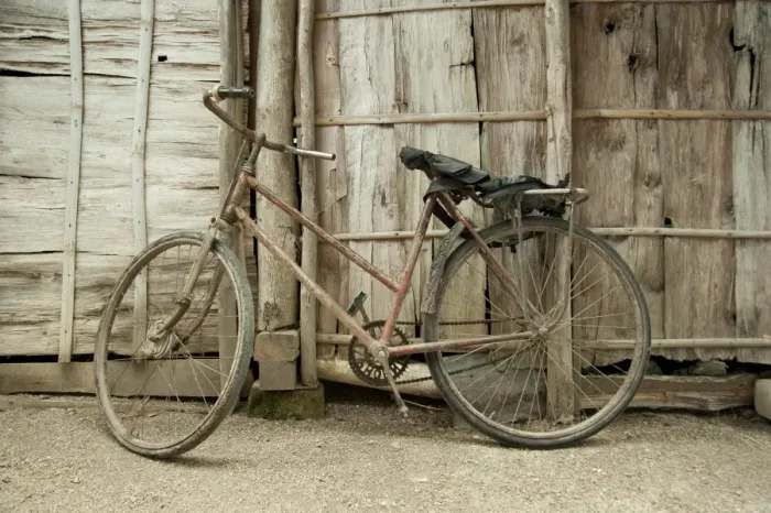 Framed Print : Rusty old bike leaning against wooden fence, Cepu, Java, Indonesia Framed Print : Rusty old bike leaning against wooden fence, Cepu, Java, Indonesia