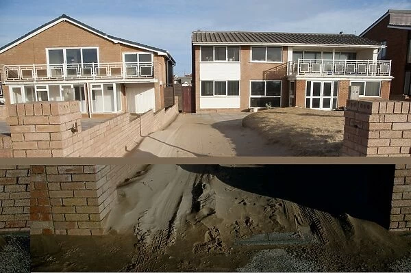 Sand blown from beach and dunes onto garden in seaside resort town, Lytham St. Anne s, Lancashire, England, january