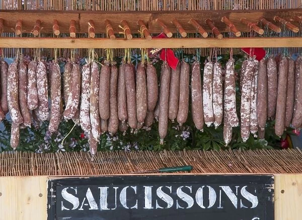 Sausages for sale at outdoor market, Loches, Indre-et-Loire, Central France, September