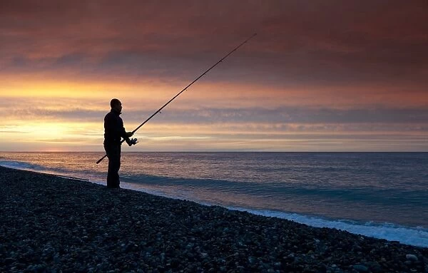 Sea angler fishing from shingle beach, silhouetted at sunset, Weybourne, Norfolk, England, august