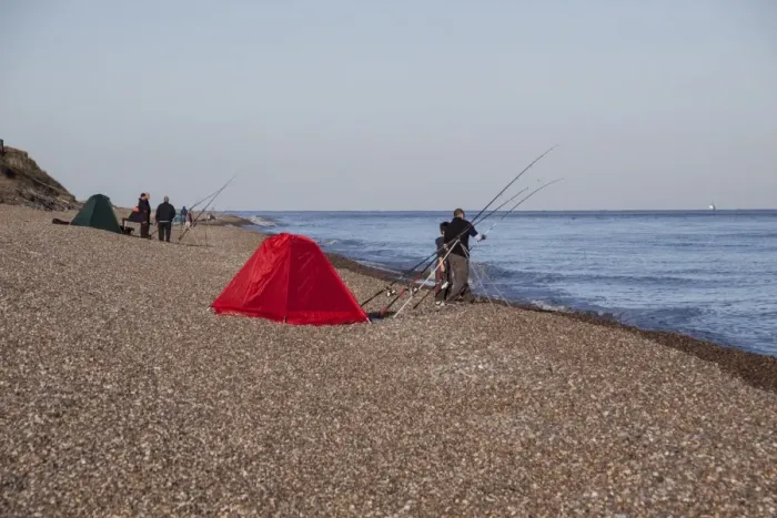 Framed Print : Sea fishing from the shingle beach at Thorpeness Suffolk Framed Print : Sea fishing from the shingle beach at Thorpeness Suffolk