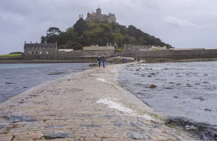 Framed Print : Seawater covering manmade causeway to tidal island, St. Michaels Mount, Mounts Bay, Marazion, Cornwall, England, May Framed Print : Seawater covering manmade causeway to tidal island, St. Michaels Mount, Mounts Bay, Marazion, Cornwall, England, May