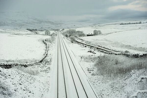 Settle to Carlisle railway covered in snow, Aisgill Level, Mallerstang, Cumbria, England, December