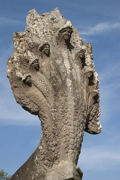 Seven-headed Naga sculpture at end of walkway in Khmer temple, Angkor Wat, Siem Riep, Cambodia