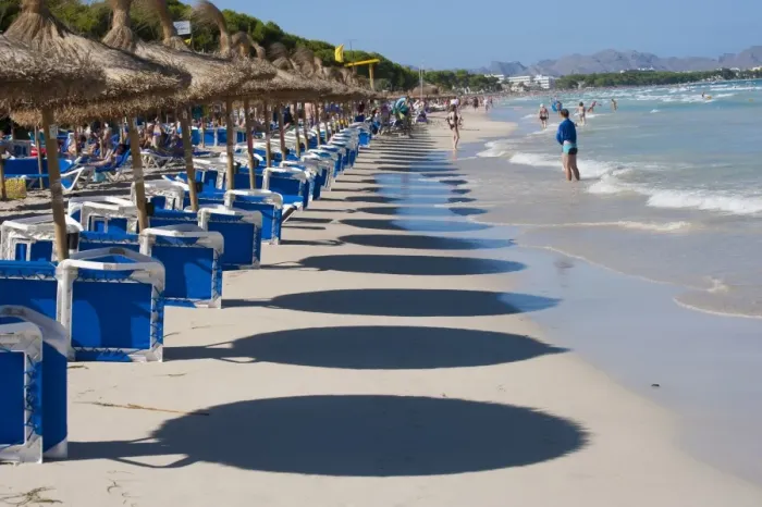 Framed Print : Shadows of beach umbrellas and tourists on sandy beach, Muro, Alcudia, Majorca, Balearic Islands, Spain, September Framed Print : Shadows of beach umbrellas and tourists on sandy beach, Muro, Alcudia, Majorca, Balearic Islands, Spain, September
