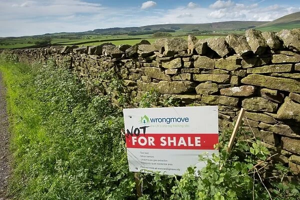 Not For Shale shale gas fracking (hydraulic fracturing) site protest sign, beside drystone wall in farmland, Bleasdale