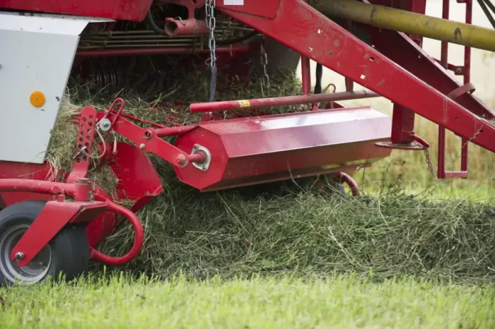 Framed Print : Silage crop, round baler taking up cut grass to make bale, Sweden, august