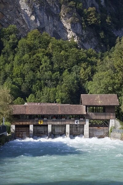 Sluice gates on river, River Aare, Interlaken, Bernese Oberland, Switzerland, August