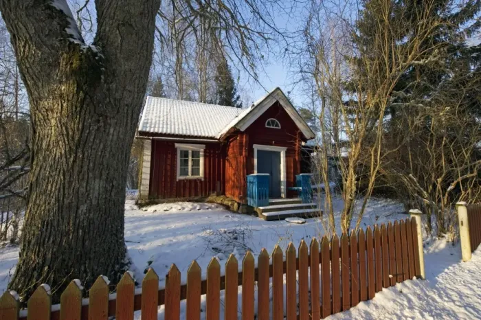 Framed Print : Small cottage with picket fence in snow, Sweden, february Framed Print : Small cottage with picket fence in snow, Sweden, february
