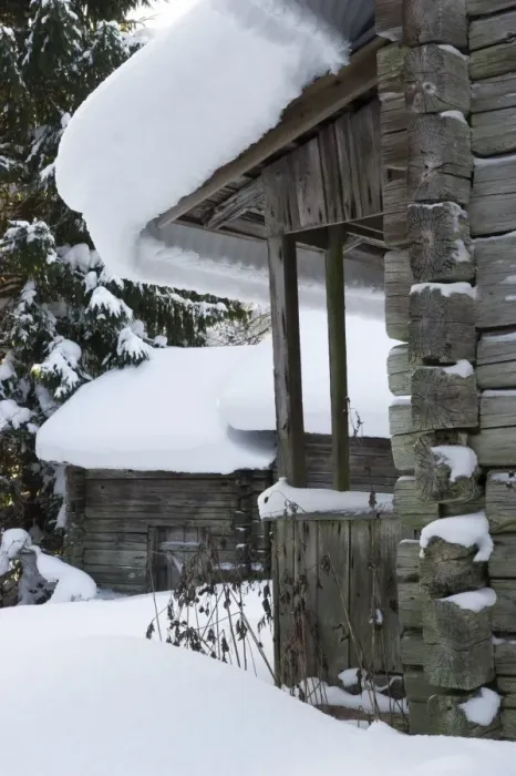 Framed Print : Snow covered wooden barns, Sweden, december