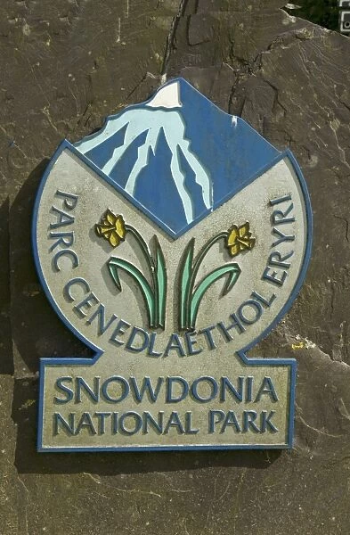 Snowdonia National Park - Parc Cenedlaethol Eryri bilingual sign, Llanberis, Snowdonia N. P. Gwynedd, Wales, june