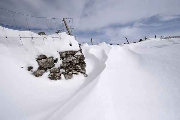 Snowdrift shaped by wind at back of drystone wall after severe snowstorm, Cumbria, England, March