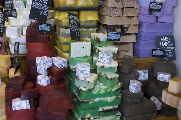 Soap for sale in soapstore, various colours and fragrances, Los Angeles, California, U. S. A