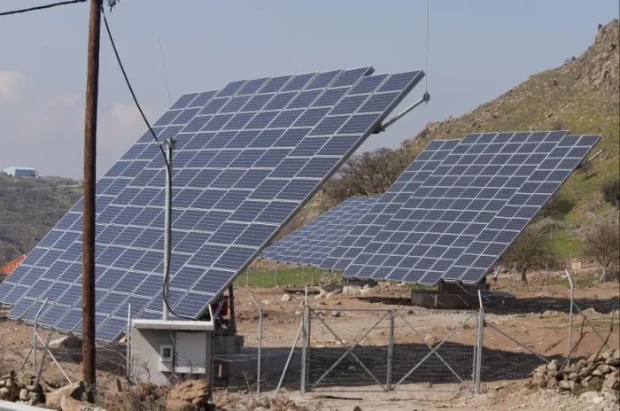 Framed Print : Solar energy panels in countryside, West Lesvos, Greece, march Framed Print : Solar energy panels in countryside, West Lesvos, Greece, march