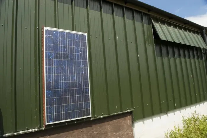 Framed Print : Solar energy panels, powering free-range hen unit building, Cumbria, England, june Framed Print : Solar energy panels, powering free-range hen unit building, Cumbria, England, june
