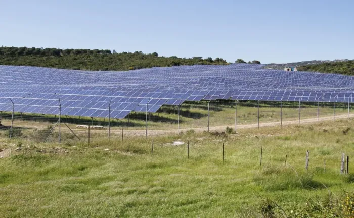 Framed Print : Solar panels on solar farm in open field, near Bonifacio, Corsica, France, April