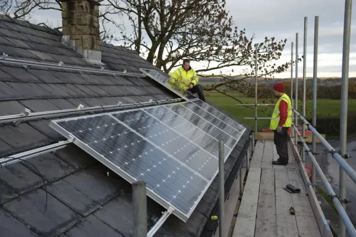 Framed Print : Solar power, photovoltaic panels being fitted on house roof, near Chipping, Lancashire, England, november Framed Print : Solar power, photovoltaic panels being fitted on house roof, near Chipping, Lancashire, England, november